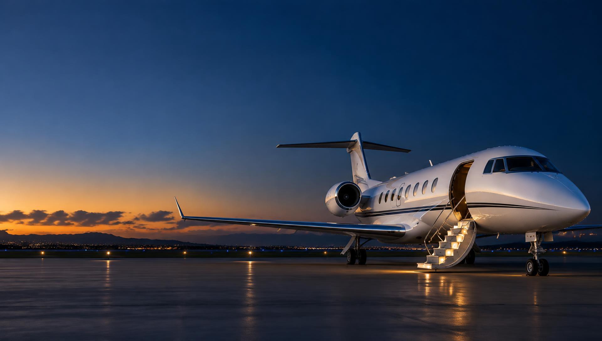 White private jet with lit airstair on the tarmac at dusk